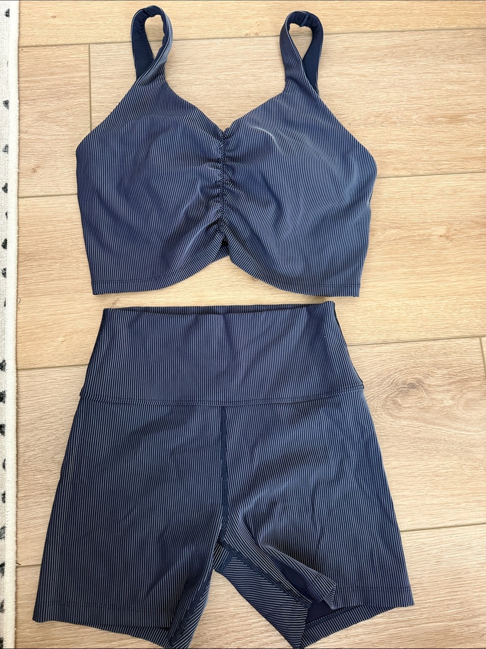 aerie Navy Pinstripe Ruched Sports Bra & High-Waist Shorts